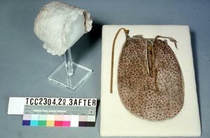 Image of a child's cap and a mid-18th century pocket from the Abingdon cache in Oxfordshire, discussed amongst other garment finds by Dinah Eastop in the article above